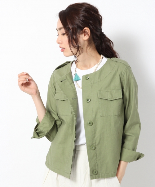 Bサテンミリタリーノーカラージャケット