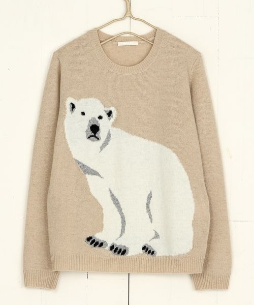 ラムナイロンニットシロクマクルーネックプルオーバー