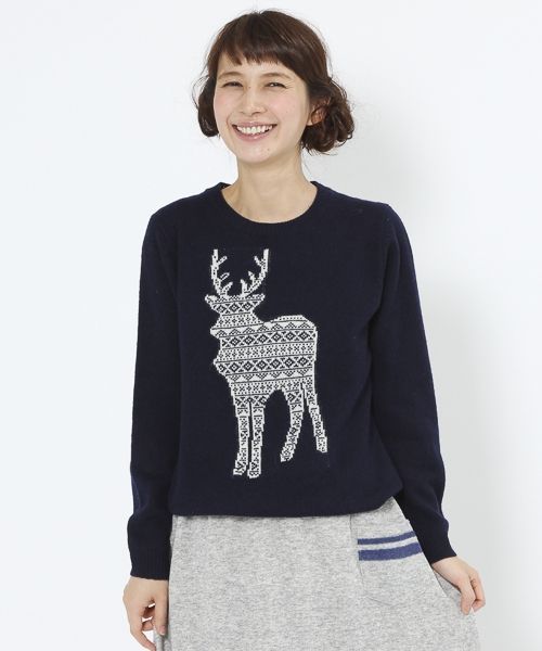 ラムナイロンニットトナカイクルーネックプルオーバー