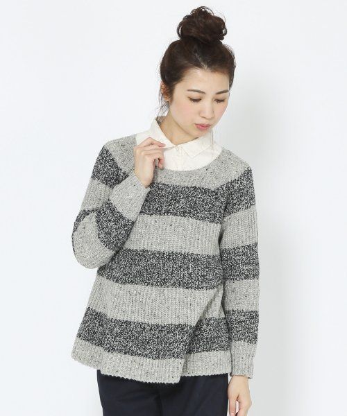 アクリルウールナイロンニットボーダーフレアプルオーバー