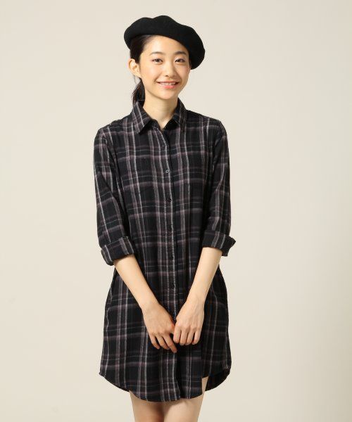 ネルチェックシャツワンピースロングスリーブ