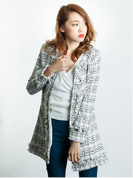 ラメツイードノーカラーロングジャケット