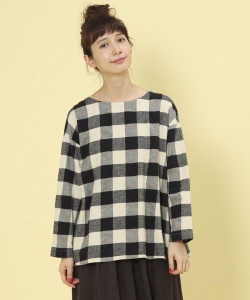 ブロックチェック長袖ブラウス