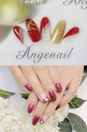 赤×ゴールドネイル「Ange Nail west」（上）、えんじフラワーネイル「Beauty-Lifei 銀座店」（下）／画像提供・クーポンランド