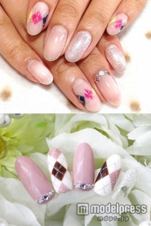 クリーミーアーガイル「ネイルサロン マカロン　恵比寿本店」（上）、ストーンアーガイルネイル「アメリ」（下）／画像提供クーポンランド