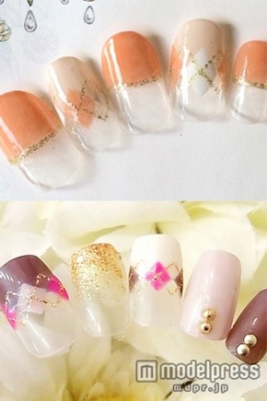 夕焼けカラーのフレンチアーガイル「Salon de Viyage」（上）、ロイヤルアーガイル「ネイルサロン マカロン 池袋東口店」（下）／画像提供クーポンランド