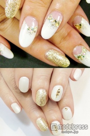 エレガントゴールドネイル「PRINCESS NAIL」（上）、ポップショートネイル「Beauty-Lifei 銀座店」（下）／画像提供クーポンランド