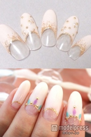 ホワイト×スタッズネイル「REASY NAIL」（上）、カジュアルフレンチ「Nail Salon Blisst 銀座店」（下）／画像提供クーポンランド