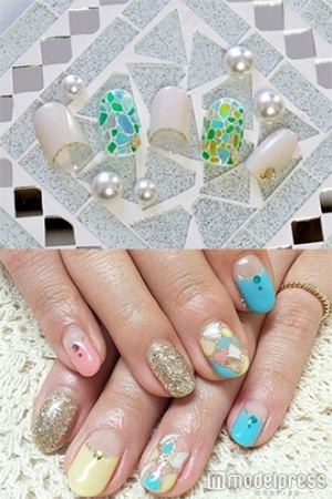 モザイクガラス風ネイル「S-me NAIL」(上)、パステルステンドグラス「La Luna」(下)/画像提供クーポンランド