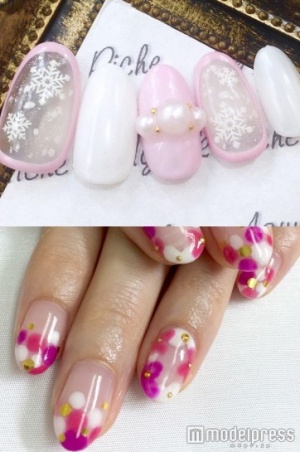 ウィンター囲みネイル「Agunik Riche」（上）、フラワーフレームネイル「ネイルサロン plage」（下）／画像提供クーポンランド
