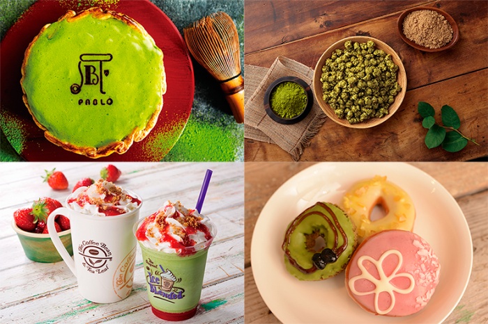 新作抹茶スイーツ/(左下から時計回り)PABLO、ギャレットポップコーン、コーヒービーン&ティーリーフ、クリスピークリームドーナツ