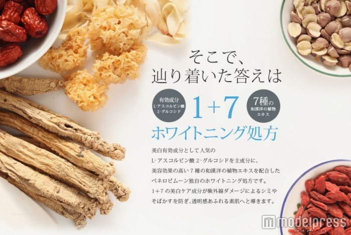 「L-アスコルビン酸」「２-グルコシド」などの美白有効成分だけでなく、7種の和漢エキスで美容効果アップ