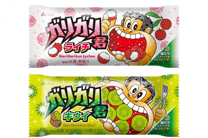 4月26日から販売される「ガリガリ君 ライチ」、「ガリガリ君 キウイ」
