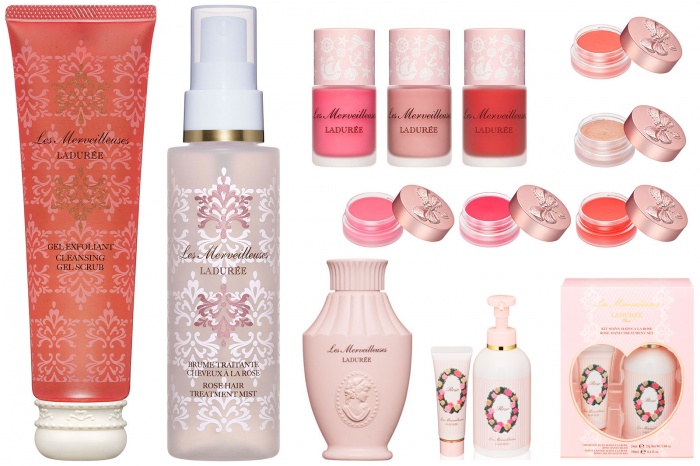 (左から)クレンジング ジェル スクラブ、ローズ ヘア トリートメント ミスト(上段中央左から)リクイド チークカラー 103トロピカルピンク・104イノセントピンク・105ブラッディレッド(右上から)ティンテッド リップ バーム N 01シャイニーオレンジ・02シャイニーベージュ(右中段左から)ティンテッド リップ バーム N 03キャンディピンク・04ネオンピンク・05珊瑚レッド(右下段左から)バブル バス、ローズ ハンド トリートメント セット/画像提供レ・メルヴェイユーズ ラデュレ