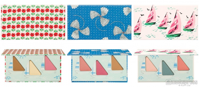 フェイス ＆ アイ カラー パレット／（左から）001（サンドベージュ×バナナイエロー×サンシャインピンク）・002（コーラルオレンジ×ピンクコーラル×ヘルシーベージュ）・003（ピンクブリーズ×オーシャンブルー×ヘルシーオレンジ）／各4,000円（税抜き）／画像提供・PAUL & JOE BEAUTE