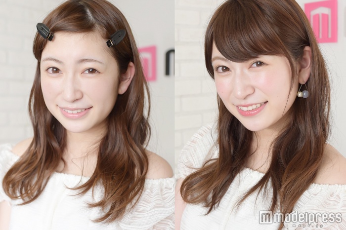 吉田朱里さん／すっぴん（左）、メイク後（右）／（C）モデルプレス