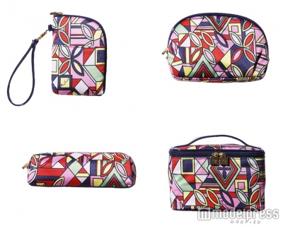 （右上から時計まわりに）<br />
「カラフリージオメトリックタックポーチ」3,600円、「カラフリージオメトリックバニティ」4,400円、「カラフリージオメトリックスクエアペンケース」2,400円、「カラフリージオメトリックマルチポーチポケット付」2,800円（全て税抜）