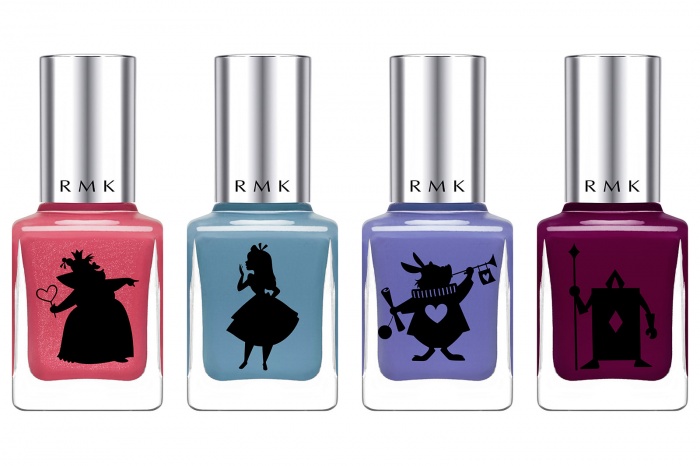 RMK ネイルカラー EX／限定色8色（左から）（EX-55ローズツリー・ハートの女王／EX-56クラウドブルー・アリスB／EX-57パープルヘイズ・白うさぎ／EX-58ベリーシロップ・トランプ）／各1,500円（税抜）／画像提供・RMK　©Disney