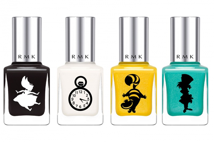 RMK ネイルカラー EX／限定色8色（左から）（EX-51アドベンチャートンネル・アリスA／EX-52ワンダーランドホワイト・時計／ EX-53ゴールデンアフタヌーン・チェシャ猫／EX-54グリーングラス・マッドハッター）／各1,500円（税抜）／画像提供・RMK　©Disney