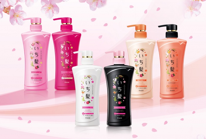 「いち髪」／左から：「ふんわりボリュームケア」、「なめらかスムースケア」、「濃密W保湿ケア」