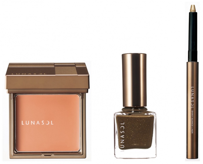 （左から）「カラーリングクリーミィチークス」／3,500円（税抜）、「ネイルフィニッシュN」／限定2色／1,500円（税抜）、「シャイニーニュアンスライナー」／限定2色／各3，000円（税抜）／画像提供：LUNASOL