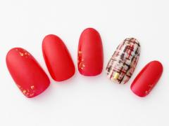 【365日ネイル】お正月感いっぱい♪ツイードアートがアクセントのエレガントな朱赤ネイル